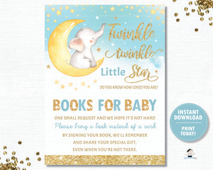 Twinkle Little Star Elephant Blue Baby Boy Shower Bring a Book Instead of a a Card Inserts - INSTANT DOWNLOAD Digital Printable File- TS1