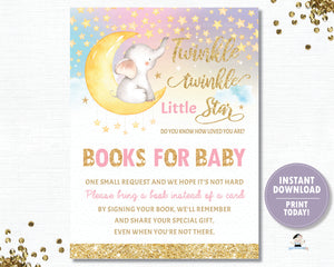 Twinkle Little Star Elephant Pink Bring a Book Instead of a a Card Inserts - INSTANT DOWNLOAD Digital Printable File- TS1