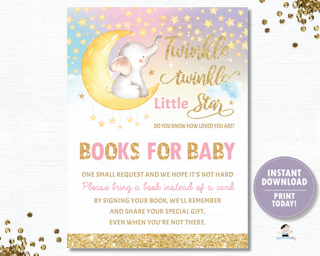 Twinkle Little Star Elephant Pink Bring a Book Instead of a a Card Inserts - INSTANT DOWNLOAD Digital Printable File- TS1