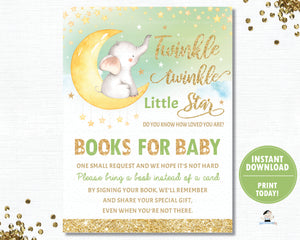 Twinkle Little Star Elephant Green Gender Neutral Shower Gender Reveal Bring a Book Instead of a a Card Inserts - INSTANT DOWNLOAD Digital Printable File- TS1