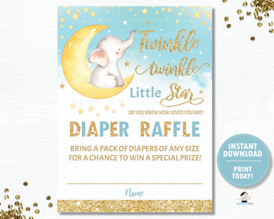 Twinkle Little Star Elephant Blue Diaper Raffle Tickets Inserts - INSTANT DOWNLOAD Digital Printable File- TS1