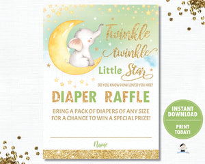 Twinkle Little Star Elephant Green Gender Neutral Diaper Raffle Tickets Inserts - INSTANT DOWNLOAD Digital Printable File- TS1