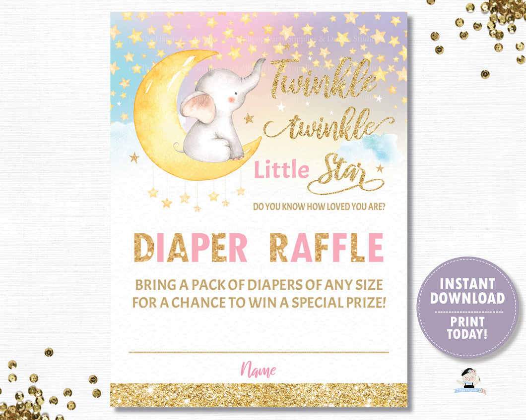 Twinkle Little Star Elephant Pink Diaper Raffle Tickets Inserts - Instant EDITABLE TEMPLATE Digital Printable File- TS1