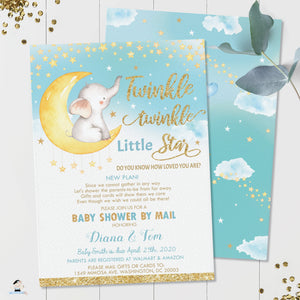 Twinkle Little Star Elephant Baby Boy Shower Invitation by Mail - Instant EDITABLE TEMPLATE - TS1