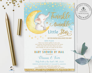 Twinkle Little Star Elephant Baby Boy Shower Invitation by Mail - Instant EDITABLE TEMPLATE - TS1