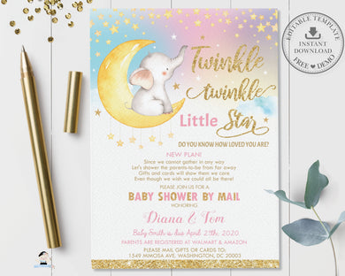 Twinkle Little Star Elephant Baby Girl Shower Invitation by Mail - Instant EDITABLE TEMPLATE - TS1
