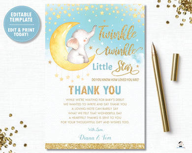 Whimsical Twinkle Twinkle Little Star Elephant Boy Blue Baby Shower / Birthday Thank You Card - Instant Download DIY EDITABLE TEMPLATE - TS1