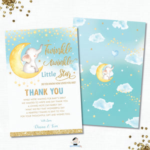 Whimsical Twinkle Twinkle Little Star Elephant Boy Blue Baby Shower / Birthday Thank You Card - Instant Download DIY EDITABLE TEMPLATE - TS1
