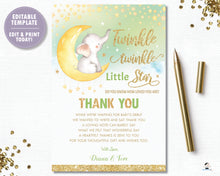 Load image into Gallery viewer, Whimsical Twinkle Twinkle Little Star Elephant Gender Neutral Green Baby Shower Thank You Card - Instant Download DIY EDITABLE TEMPLATE - TS1