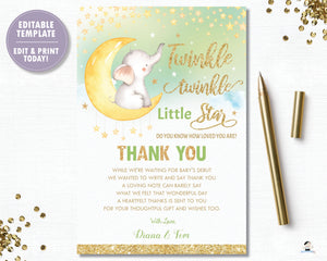 Whimsical Twinkle Twinkle Little Star Elephant Gender Neutral Green Baby Shower Thank You Card - Instant Download DIY EDITABLE TEMPLATE - TS1
