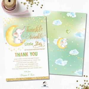 Whimsical Twinkle Twinkle Little Star Elephant Gender Neutral Green Baby Shower Thank You Card - Instant Download DIY EDITABLE TEMPLATE - TS1