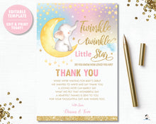 Load image into Gallery viewer, Whimsical Twinkle Twinkle Little Star Elephant Baby Girl Shower Thank You Card - Instant Download DIY EDITABLE TEMPLATE - TS1