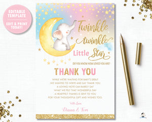 Whimsical Twinkle Twinkle Little Star Elephant Baby Girl Shower Thank You Card - Instant Download DIY EDITABLE TEMPLATE - TS1