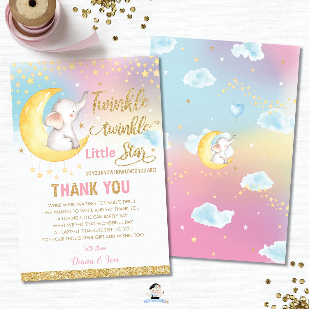Whimsical Twinkle Twinkle Little Star Elephant Baby Girl Shower Thank You Card - Instant Download DIY EDITABLE TEMPLATE - TS1