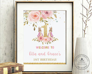 Twin Girls Bunny Rabbit 1st Birthday Welcome Sign - Editable Template - Digital Printable File - Instant Download - CB3