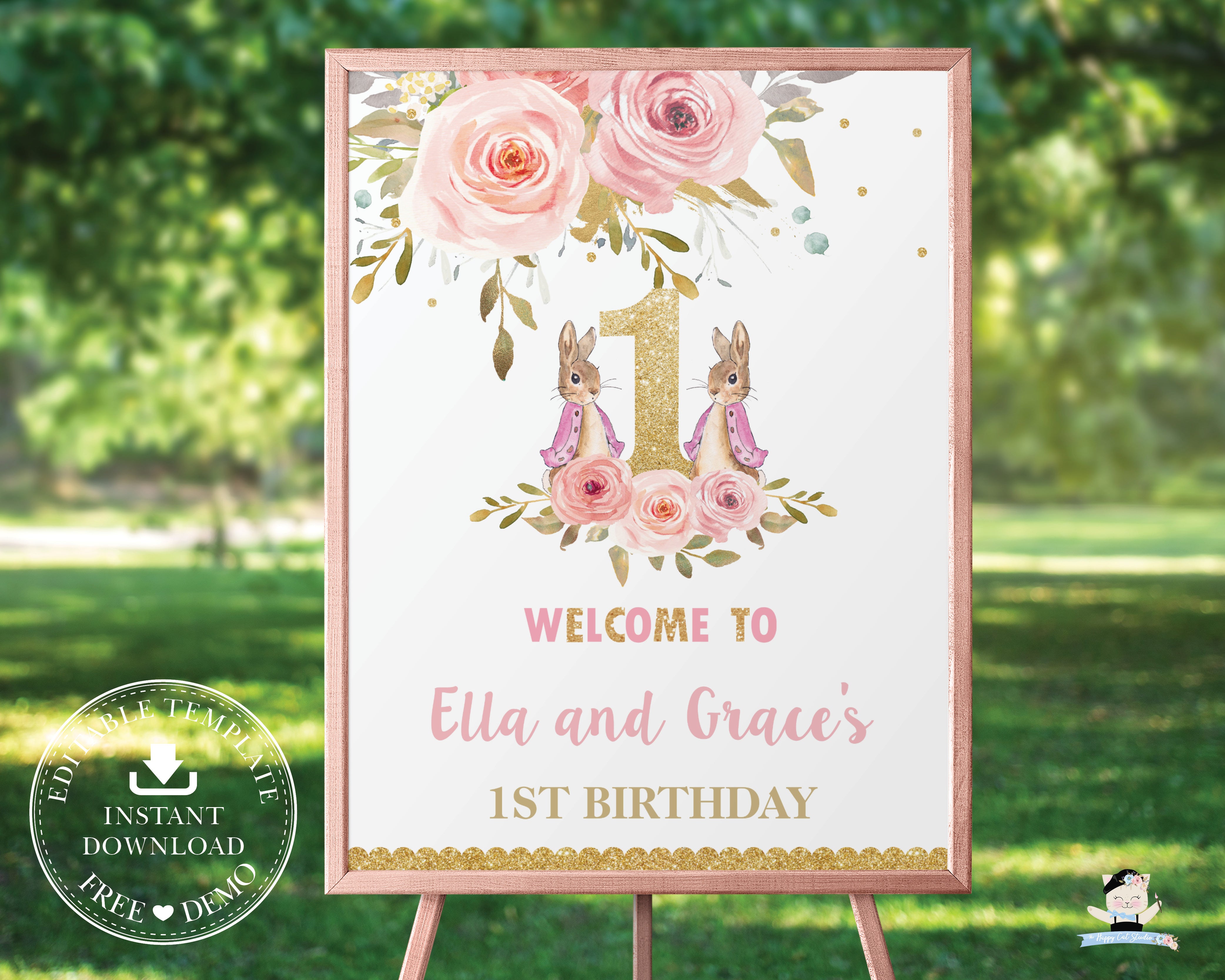 Bunny First Birthday Welcome Sign, Floral Garland 1st Birthday Sign, S –  Iconica Design