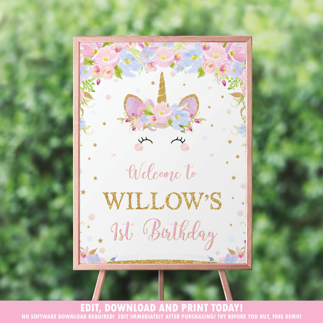 Unicorn Birthday Party / Baby Shower Welcome Sign Poster - EDITABLE TEMPLATE - Digital Printable File - Instant Download - UB2