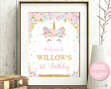 Load image into Gallery viewer, Unicorn Birthday Party / Baby Shower Welcome Sign Poster - EDITABLE TEMPLATE - Digital Printable File - Instant Download - UB2