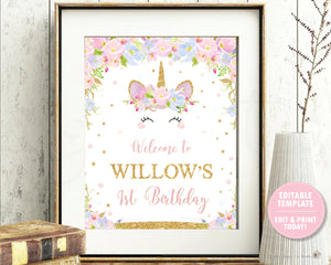 Unicorn Birthday Party / Baby Shower Welcome Sign Poster - EDITABLE TEMPLATE - Digital Printable File - Instant Download - UB2
