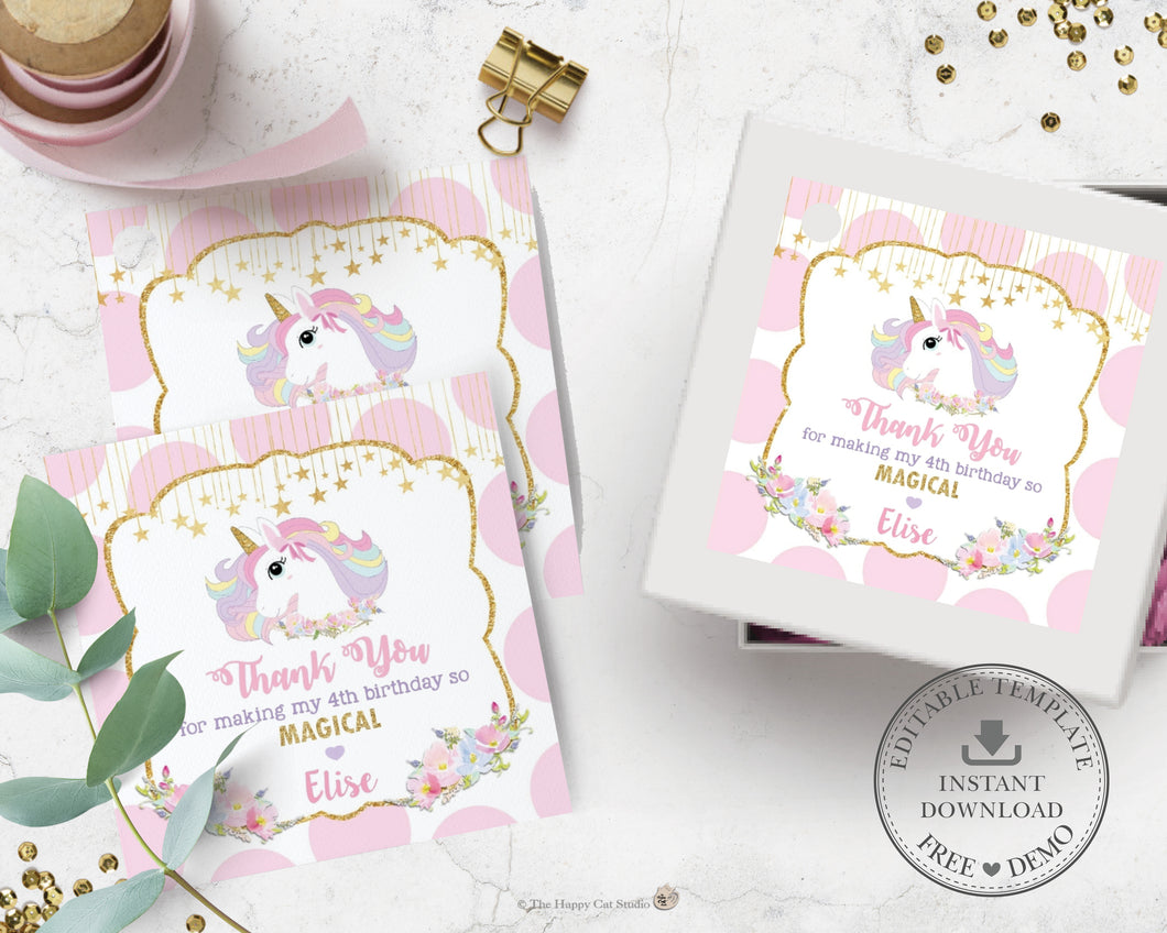 Unicorn Pink and Gold Polka Dots Square Thank You Tags - Editable Template - Instant Download - Digital Printable File - UB8