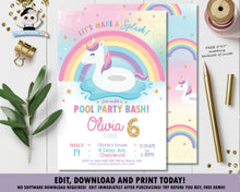 Load image into Gallery viewer, Unicorn Pool Birthday Party Invitation - Instant EDITABLE TEMPLATE - UF1