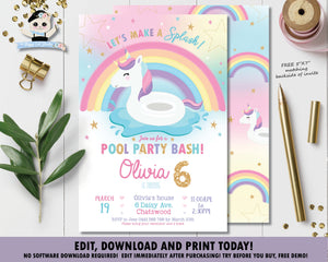 Unicorn Pool Birthday Party Invitation - Instant EDITABLE TEMPLATE - UF1