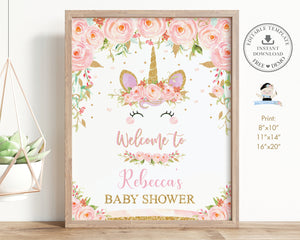 Pink Floral Cute Unicorn Baby Shower Birthday Party Welcome Sign Editable Template - Digital Printable File - Instant Download - UB1