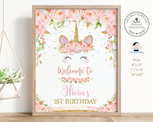Load image into Gallery viewer, Pink Floral Cute Unicorn Baby Shower Birthday Party Welcome Sign Editable Template - Digital Printable File - Instant Download - UB1
