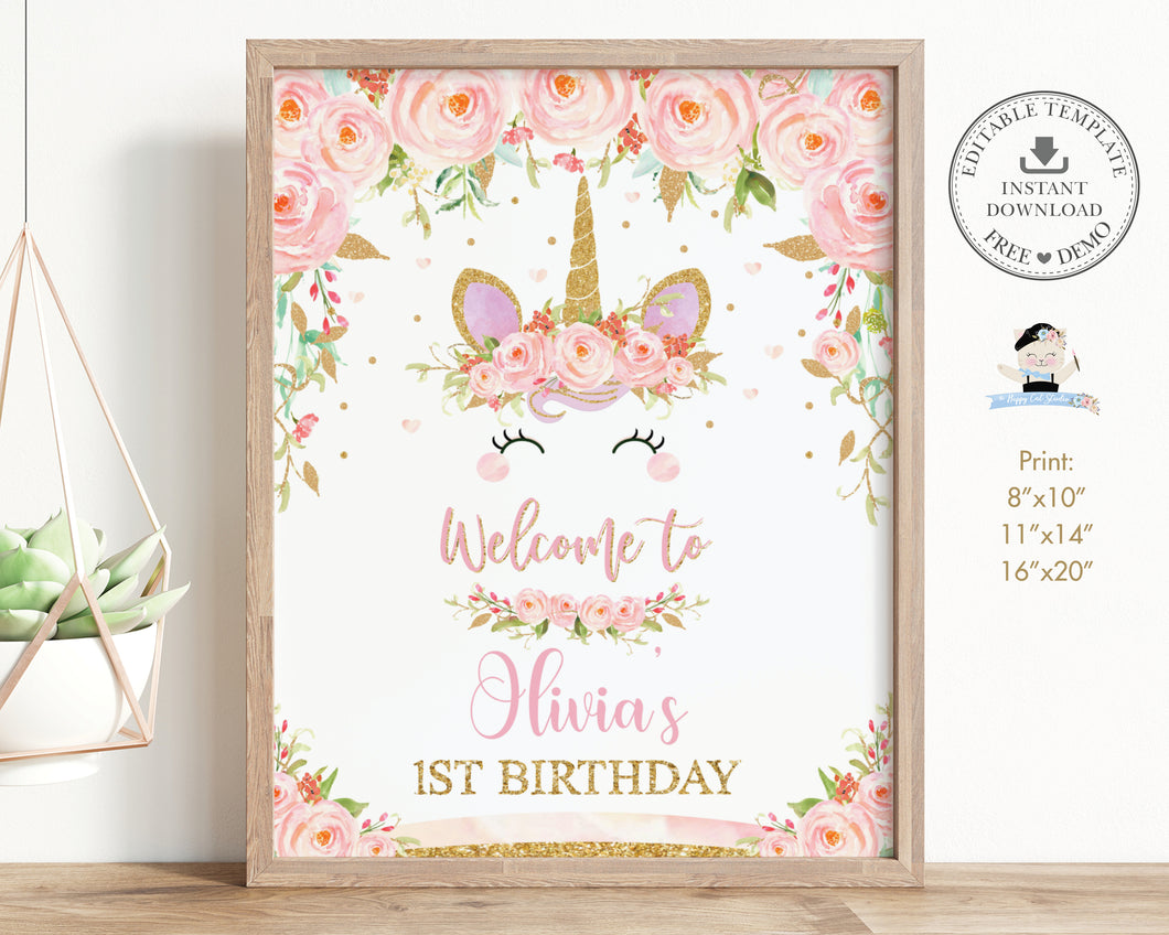 Pink Floral Cute Unicorn Baby Shower Birthday Party Welcome Sign Editable Template - Digital Printable File - Instant Download - UB1