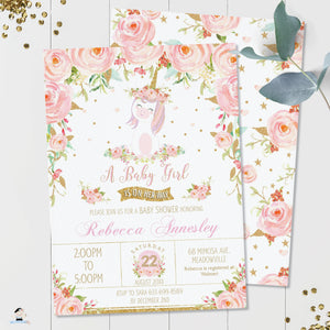 Whimsical Pink Floral Unicorn Baby Girl Shower Invitation Editable Template - Instant Download - Digital Printable File - UB1