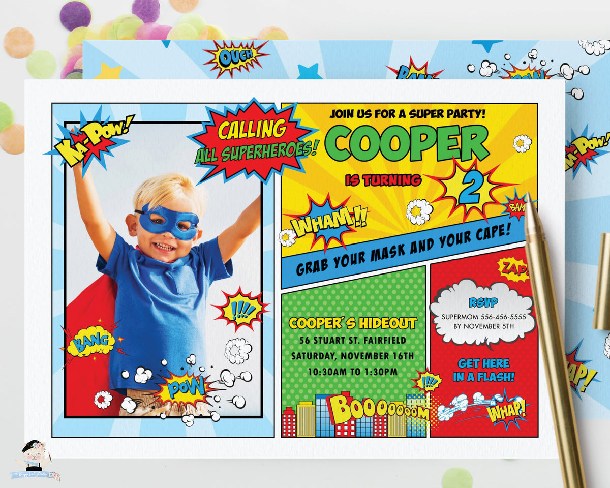 Colorful Comic Book Strips Superhero Birthday Invitation Editable Temp ...