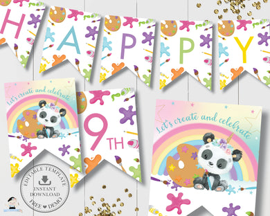 Cute Pandacorn Panda Art Paint Birthday Party Flag Banner Bunting - Editable Template - Digital Printable File - Instant Download - PA1