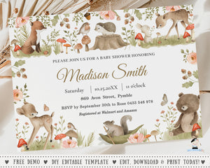 Vintage Woodland Animals Baby Shower Birthday Invitation Editable Template - Digital Printable File - Instant Download - WG13