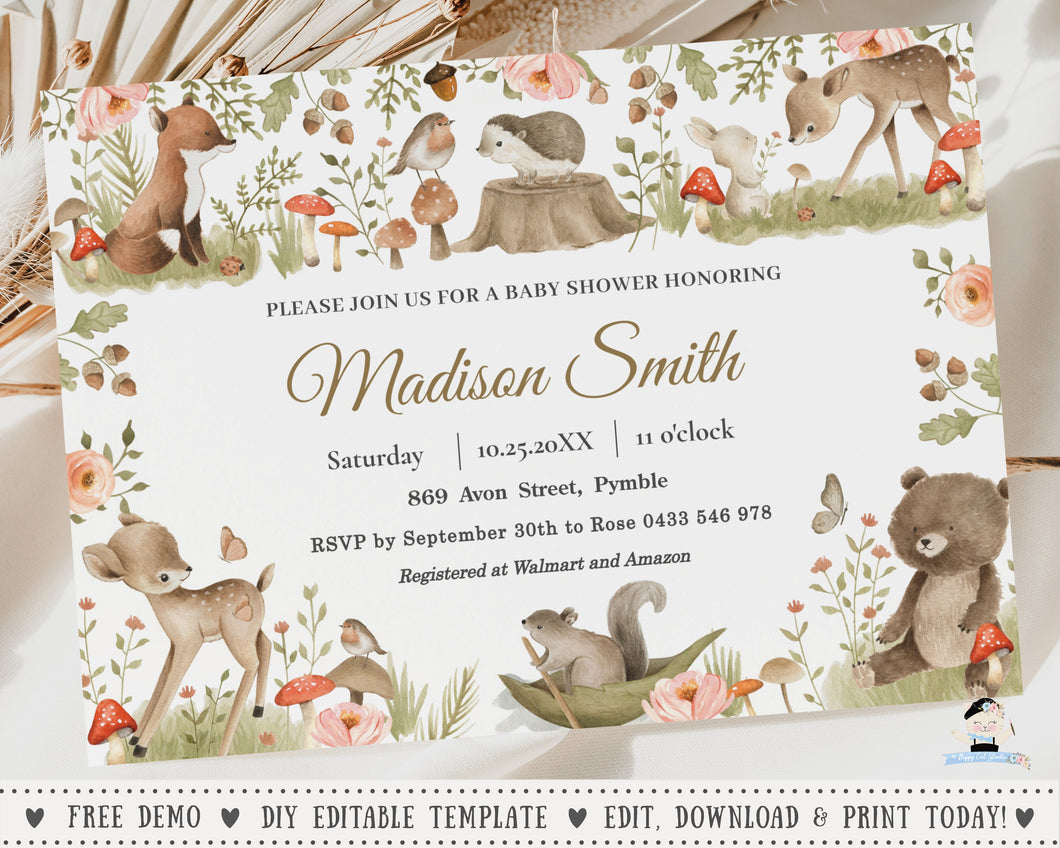Vintage Woodland Animals Baby Shower Birthday Invitation Editable Template - Digital Printable File - Instant Download - WG13