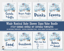 Load image into Gallery viewer, Nautical Whale Tabletop Sign Bundle, EDITABLE TEMPLATE, Navy Blue Chevron Boy Under the Sea Baby Shower Birthday Printable Signs, INSTANT Download WH2