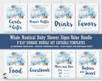 Nautical Whale Tabletop Sign Bundle, EDITABLE TEMPLATE, Navy Blue Chevron Boy Under the Sea Baby Shower Birthday Printable Signs, INSTANT Download WH2