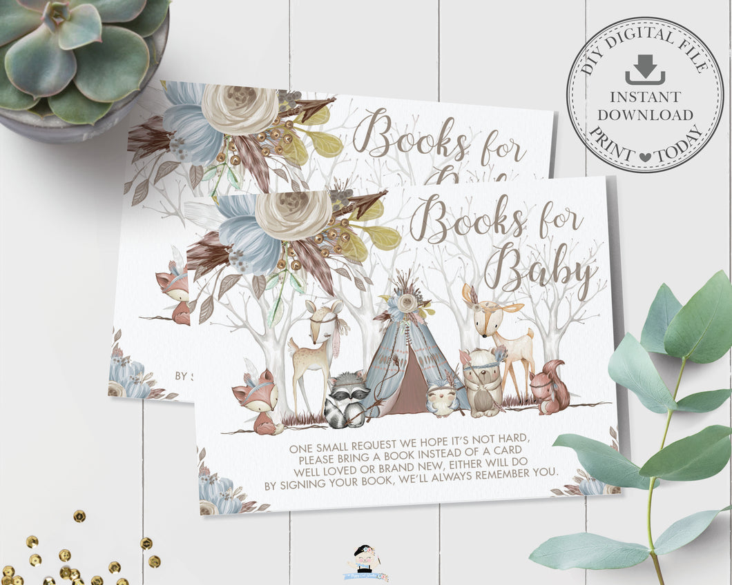 Blue Floral Tribal Woodland Animals Baby Boy Shower Bring a Book instead of a Card Inserts - Digital Printable File - Instant Download - WA1