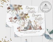 Load image into Gallery viewer, Tribal Woodland Animals Blue Floral Baby Boy Shower Diaper Raffle Tickets Inserts - Digital Printable File - Instant Download - WA1