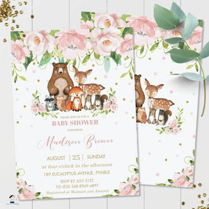 Whimsical Pink Floral Woodland Animals Baby Shower Invitation Editable Template - Instant Download - Digital Printable File - WG8