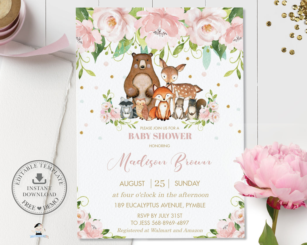 Whimsical Pink Floral Woodland Animals Baby Shower Invitation Editable Template - Instant Download - Digital Printable File - WG8
