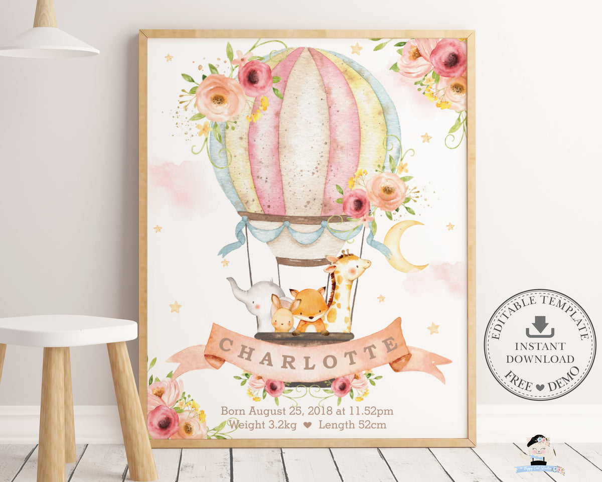 Whimsical Blush Pink Floral Hot Air Balloon Baby Animals Birth Stats ...