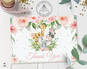 Folded Tent Thank You Card Jungle Animals Pink Floral Greenery - Instant Download - Digital Printable File - JA6