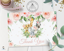 Load image into Gallery viewer, Chic Pink Floral Jungle Animals Baby Shower Invitation Bundle Editable Templates - Diaper Raffle Books for Baby Thank You Card - Digital Printable Files - Instant Download - JA6