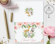 Load image into Gallery viewer, Chic Pink Floral Jungle Animals Baby Shower Invitation Bundle Editable Templates - Diaper Raffle Books for Baby Thank You Card - Digital Printable Files - Instant Download - JA6