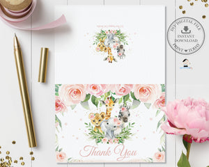 Folded Tent Thank You Card Jungle Animals Pink Floral Greenery - Instant Download - Digital Printable File - JA6