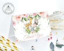 Load image into Gallery viewer, Folded Tent Thank You Card Jungle Animals Pink Floral Greenery - Instant Download - Digital Printable File - JA6