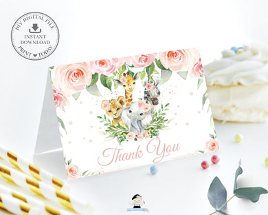 Folded Tent Thank You Card Jungle Animals Pink Floral Greenery - Instant Download - Digital Printable File - JA6