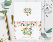 Load image into Gallery viewer, Jungle Animals Pink Floral Greenery Tent Folded Thank You Card Editable Template - Digital Printable File - Instant Download - JA6