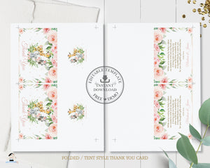Jungle Animals Pink Floral Greenery Tent Folded Thank You Card Editable Template - Digital Printable File - Instant Download - JA6