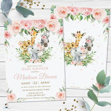 Load image into Gallery viewer, Jungle Animals Pink Floral Greenery Baby Shower Invitation - Editable Template - Digital Printable File - Instant Download - JA6